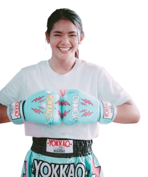 Smiling boxer with teal gloves