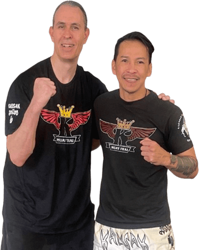 Friends in Muay Thai themed clothing
