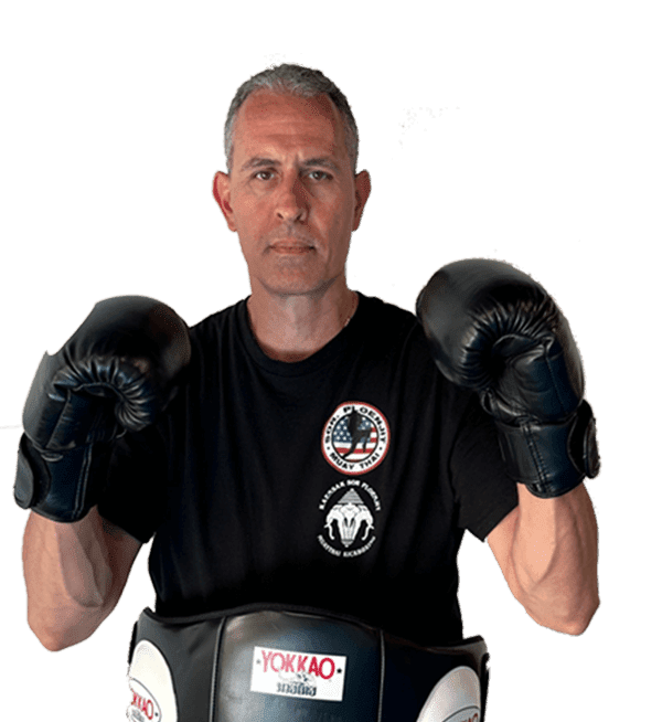 Fighter posing with boxing gloves, serious expression